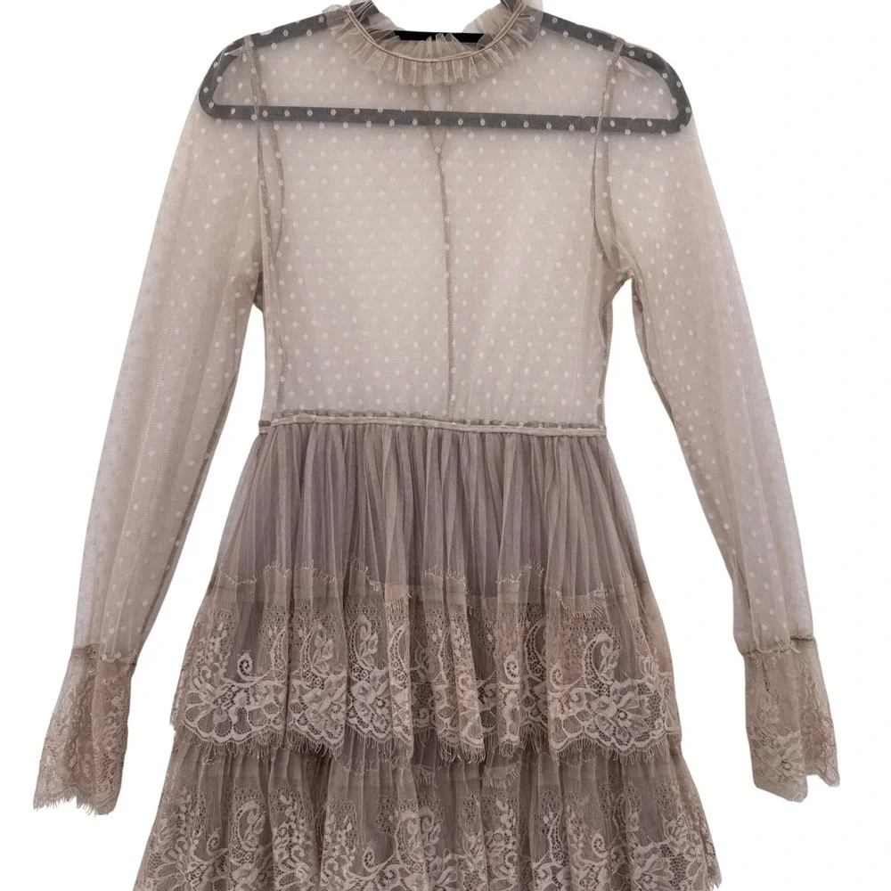 BooHoo Midi Long Sleeve Dress Tule Tiered Size 8‎ Tan Lace Sheer Romantic - Picture 3 of 13